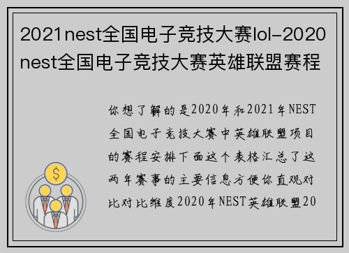 2021nest全国电子竞技大赛lol-2020nest全国电子竞技大赛英雄联盟赛程