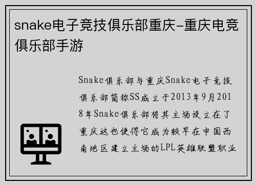 snake电子竞技俱乐部重庆-重庆电竞俱乐部手游